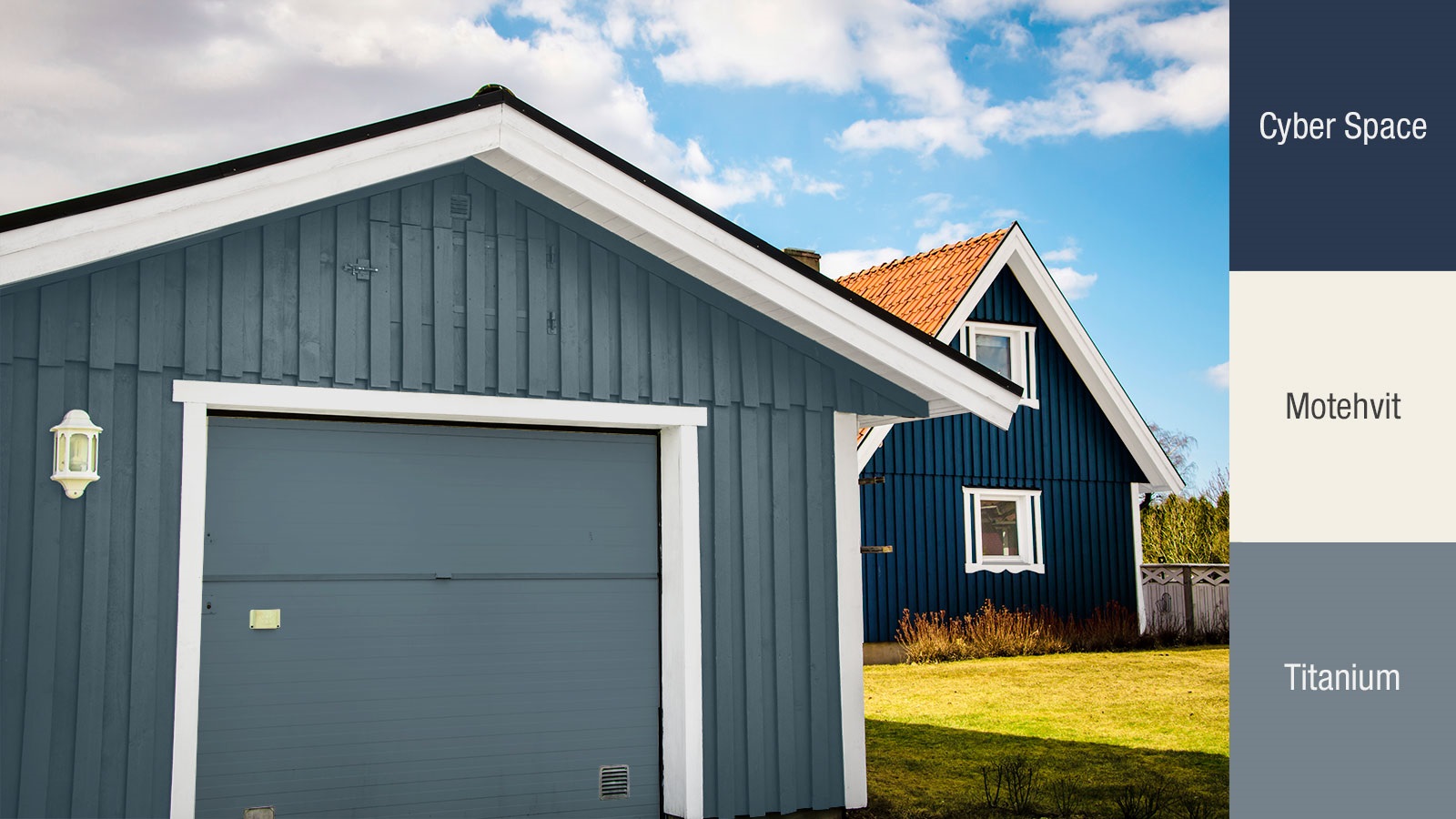 Den klare blåtonen med det ville navnet Cyber Space er markant og nærmest majestetisk. Til den mer ydmyke garasjen er det valgt en kjølig gråtone, Titanium. Den grå står fint til husets blåfarge. De motehvite linjene gir det hele et rent uttrykk.